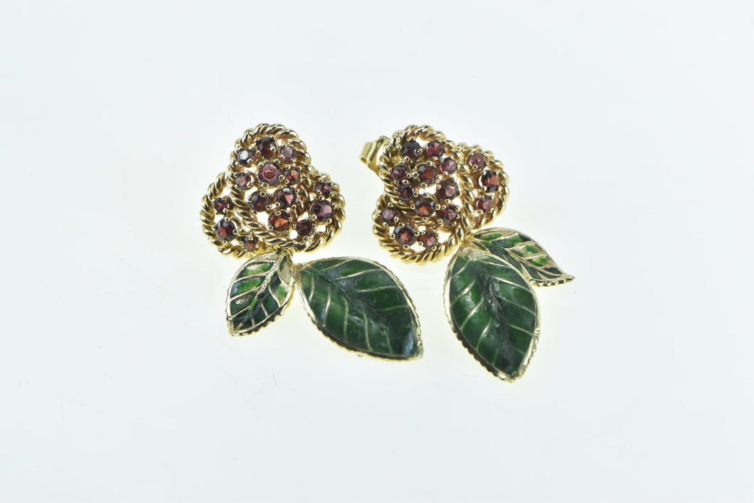 14K Garnet Encrusted Cherry Enamel Leaf Dangle Earrings Yellow Gold