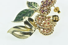 Load image into Gallery viewer, 14K Garnet Encrusted Cherry Enamel Leaf Dangle Earrings Yellow Gold