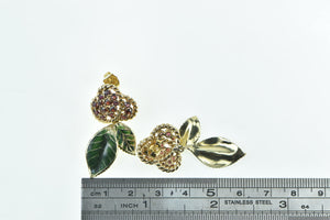 14K Garnet Encrusted Cherry Enamel Leaf Dangle Earrings Yellow Gold