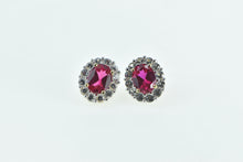 Load image into Gallery viewer, 10K Oval Syn. Ruby White Sapphire Halo Vintage Stud Earrings Yellow Gold