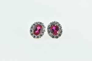 10K Oval Syn. Ruby White Sapphire Halo Vintage Stud Earrings Yellow Gold