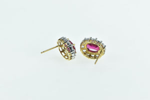 10K Oval Syn. Ruby White Sapphire Halo Vintage Stud Earrings Yellow Gold