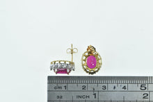 Load image into Gallery viewer, 10K Oval Syn. Ruby White Sapphire Halo Vintage Stud Earrings Yellow Gold