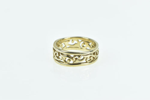 9K 7.4mm Ornate Swirl Vine Filigree Vintage Band Ring Yellow Gold