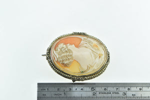 14K Oval Carved Shell Cameo Seed Pearl Lady Pendant/Pin Yellow Gold