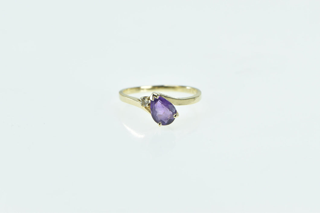 14K Pear Natural Amethyst Diamond Vintage Accent Ring Yellow Gold