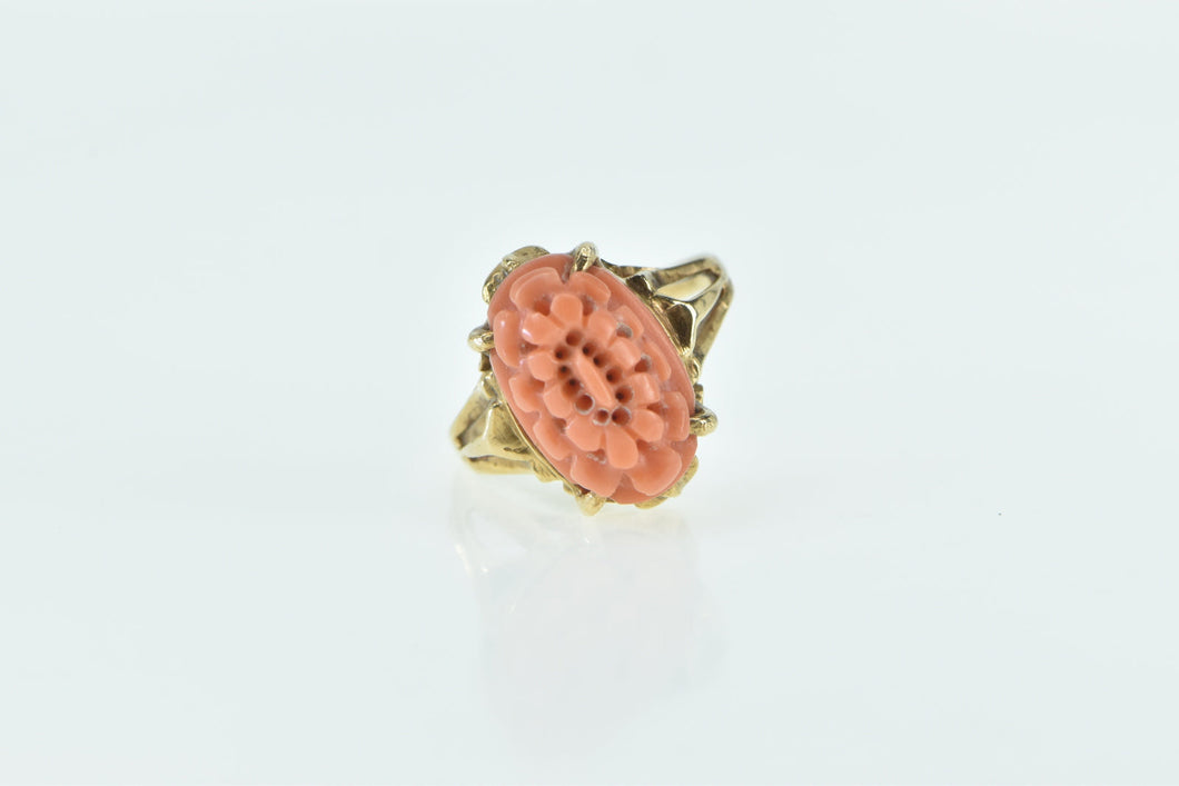 18K Ornate Carved Floral Coral Vintage Statement Ring Yellow Gold