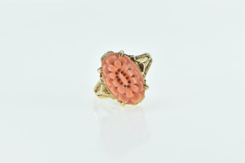 18K Ornate Carved Floral Coral Vintage Statement Ring Yellow Gold