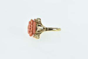 18K Ornate Carved Floral Coral Vintage Statement Ring Yellow Gold