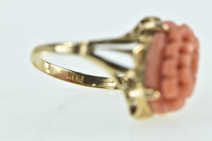 18K Ornate Carved Floral Coral Vintage Statement Ring Yellow Gold