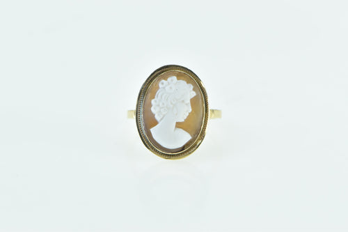 18K Italian Carved Shell Cameo Ornate Lady Ring Yellow Gold