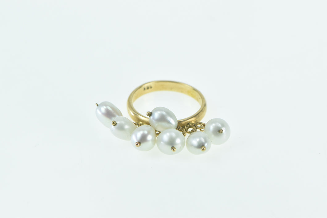 18K Pearl Fringe Cluster Tassel Statement Band Ring Yellow Gold