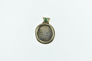 18K Spanish Shipwreck Coin Emerald Accent Pendant Yellow Gold