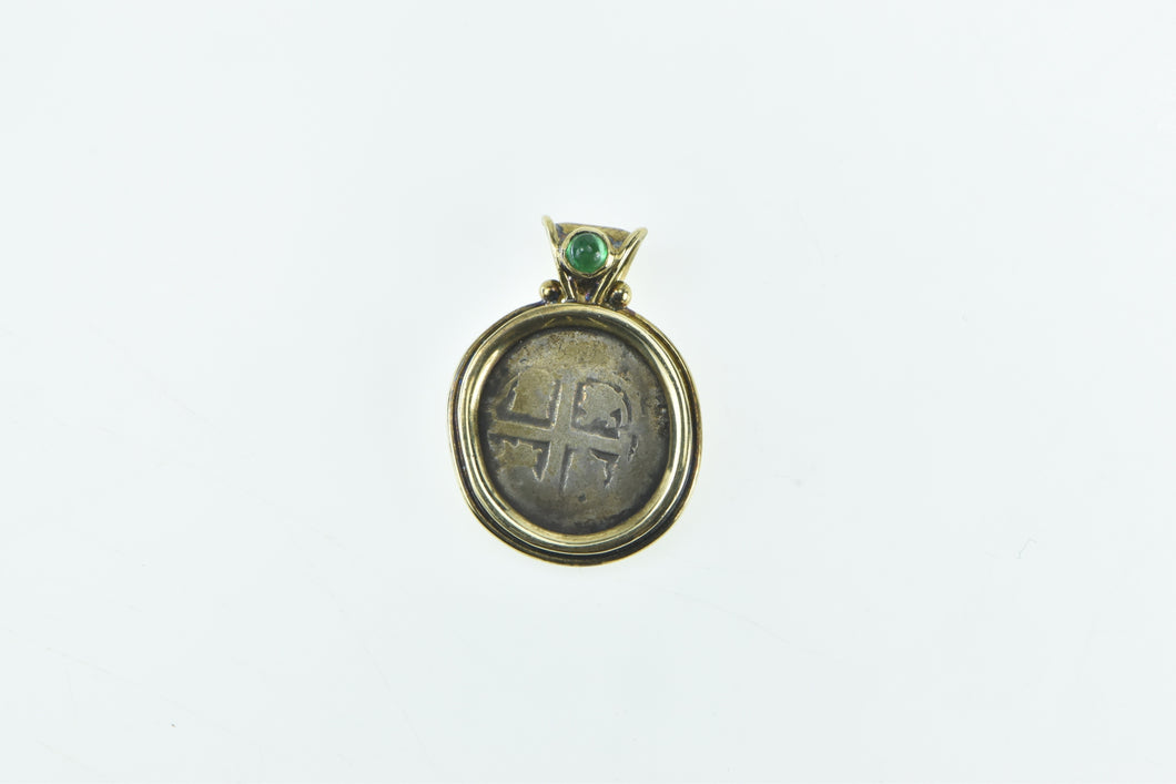 18K Spanish Shipwreck Coin Emerald Accent Pendant Yellow Gold