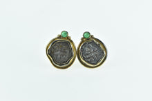 Load image into Gallery viewer, 18K Spanish Shipwreck Coin Emerald Accent Earrings Yellow Gold