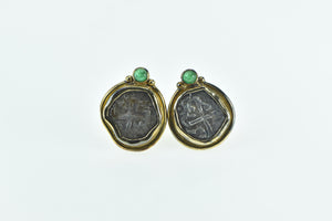 18K Spanish Shipwreck Coin Emerald Accent Earrings Yellow Gold