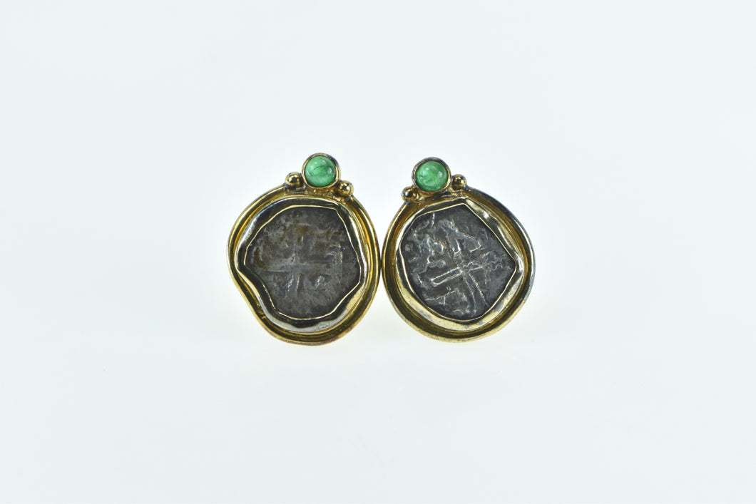 18K Spanish Shipwreck Coin Emerald Accent Earrings Yellow Gold