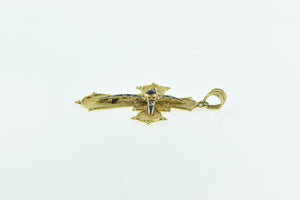 18K Oval Garnet Enamel Filigree Cross Christian Pendant Yellow Gold