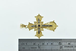 18K Oval Garnet Enamel Filigree Cross Christian Pendant Yellow Gold