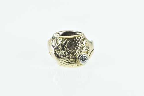 10K 0.14 Ct Diamond Monogram Textured Scroll Signet Ring Yellow Gold