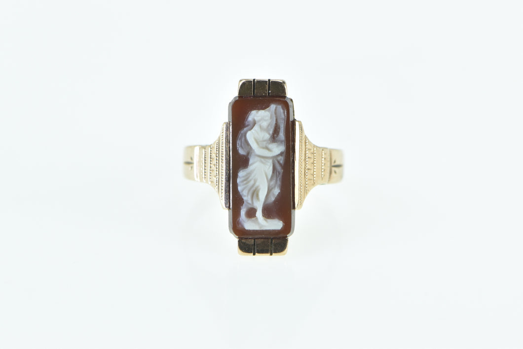 10K Vintage Carved Carnelian Cameo Lady in a Dress Ring Yellow Gold