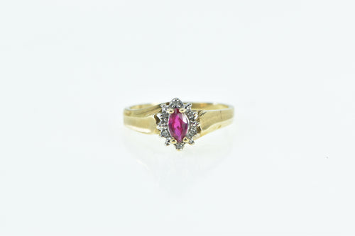 10K Marquise Syn. Ruby Diamond Halo Vintage Ring Yellow Gold