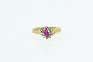 10K Marquise Syn. Ruby Diamond Halo Vintage Ring Yellow Gold