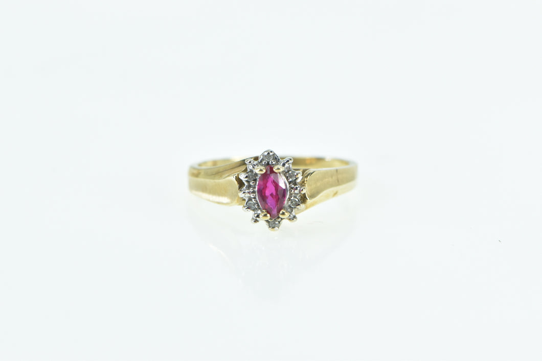 10K Marquise Syn. Ruby Diamond Halo Vintage Ring Yellow Gold