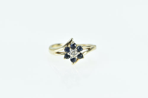 10K Flower Sapphire Diamond Vintage Cluster Bypass Ring Yellow Gold