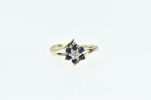 10K Flower Sapphire Diamond Vintage Cluster Bypass Ring Yellow Gold