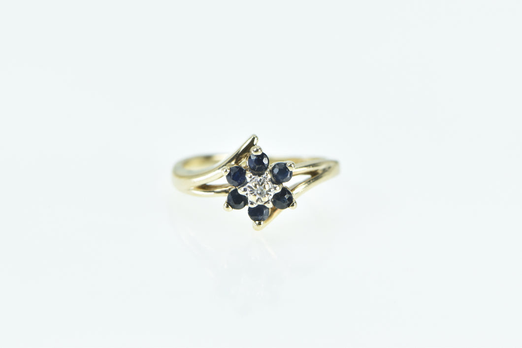 10K Flower Sapphire Diamond Vintage Cluster Bypass Ring Yellow Gold