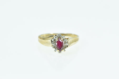 10K Marquise Syn. Ruby Diamond Halo Classic Vintage Ring Yellow Gold