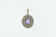 Load image into Gallery viewer, 14K Oval Natural Amethyst Seed Pearl Halo Statement Pendant Yellow Gold