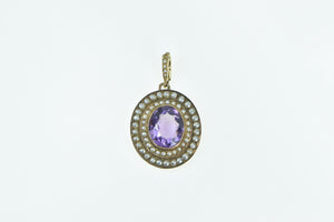 14K Oval Natural Amethyst Seed Pearl Halo Statement Pendant Yellow Gold