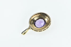 14K Oval Natural Amethyst Seed Pearl Halo Statement Pendant Yellow Gold