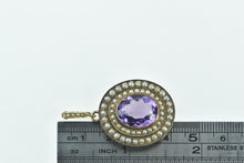 Load image into Gallery viewer, 14K Oval Natural Amethyst Seed Pearl Halo Statement Pendant Yellow Gold