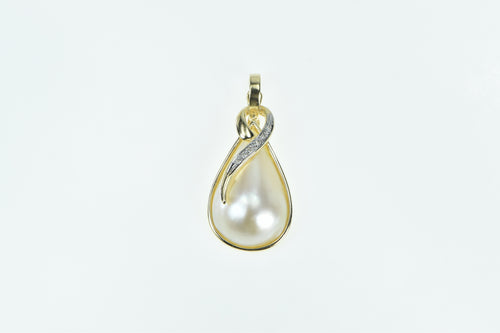 14K Pearl Diamond Swirl Wavy Vintage Statement Pendant Yellow Gold