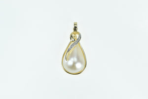 14K Pearl Diamond Swirl Wavy Vintage Statement Pendant Yellow Gold