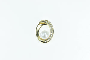 14K Diamond Oval 7.8mm Pearl Loop Statement Pendant Yellow Gold