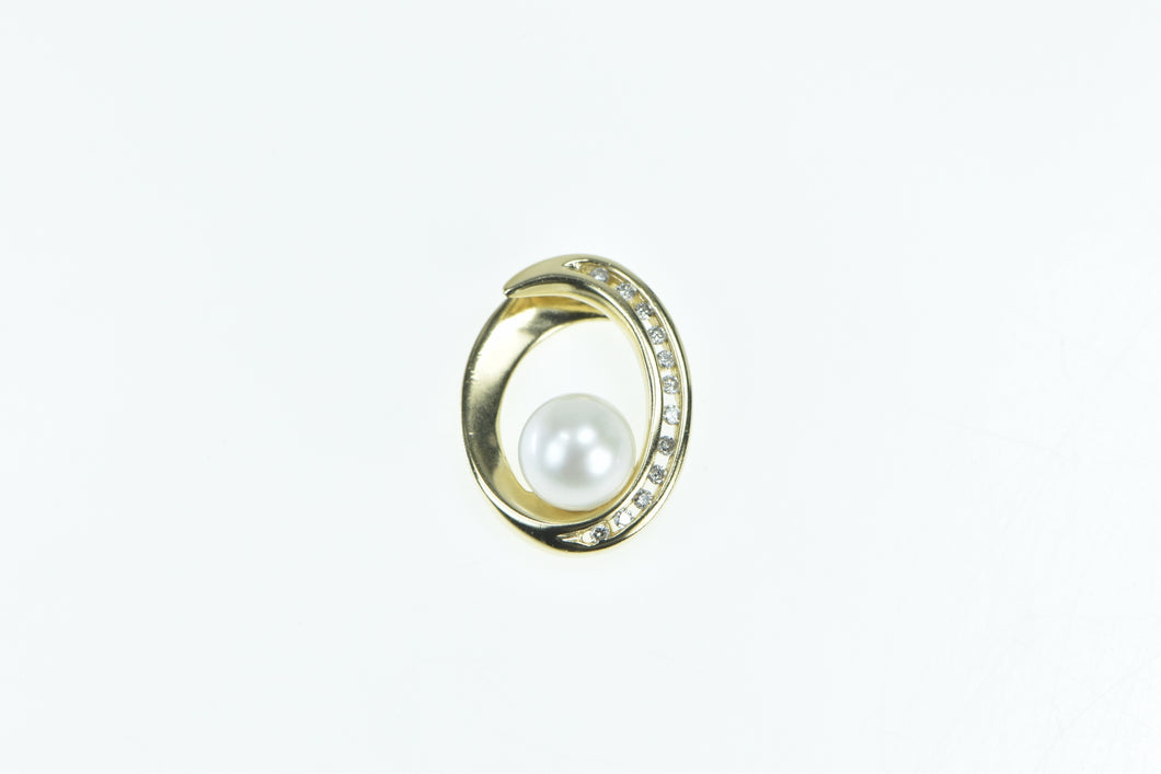 14K Diamond Oval 7.8mm Pearl Loop Statement Pendant Yellow Gold