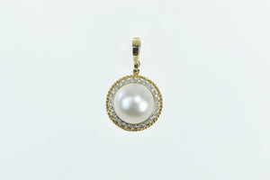 14K Round Vintage Pearl Diamond Halo Fashion Pendant Yellow Gold