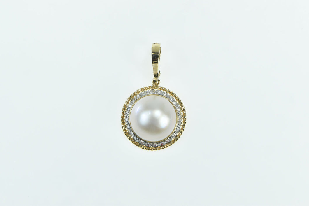 14K Round Vintage Pearl Diamond Halo Fashion Pendant Yellow Gold