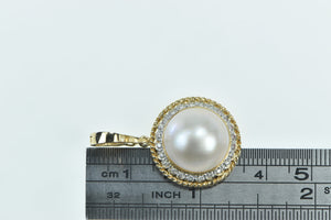 14K Round Vintage Pearl Diamond Halo Fashion Pendant Yellow Gold