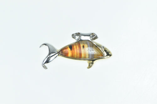 14K Handmade Designer Agate Diamond Eyed Fish Pendant Yellow Gold