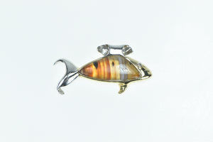 14K Handmade Designer Agate Diamond Eyed Fish Pendant Yellow Gold