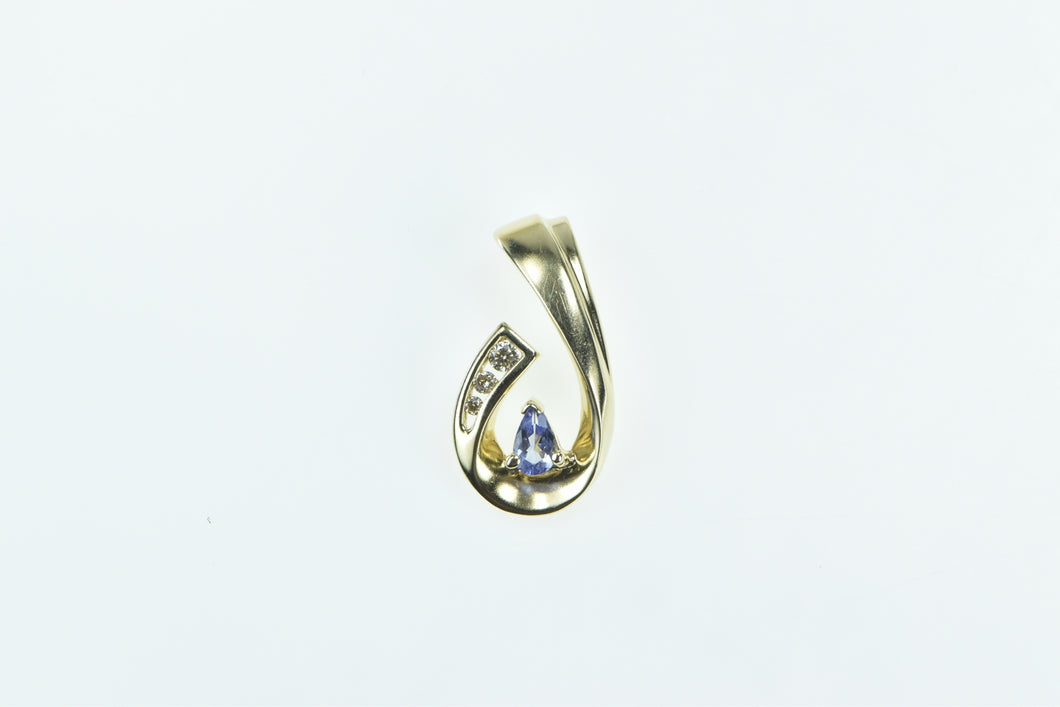 14K Pear Tanzanite Diamond Loop Curved Statement Pendant Yellow Gold