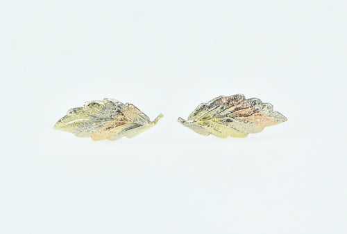 14K Tri Tone Vintage Leaf Nature Motif Stud Earrings Yellow Gold