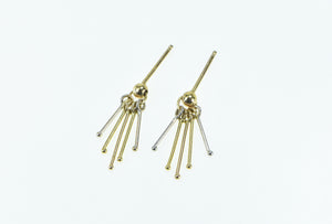 14K Two Tone Bar Fringe Tassel Dangle Stud Earrings Yellow Gold