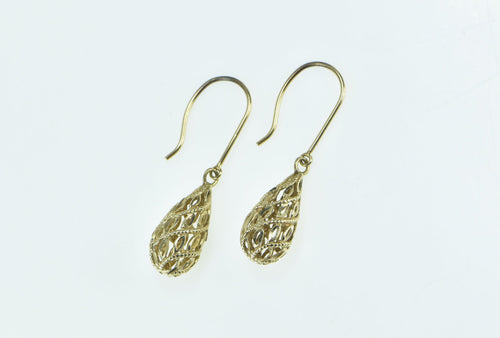 14K Filigree Tear Drop Vintage Dangle Hook Earrings Yellow Gold