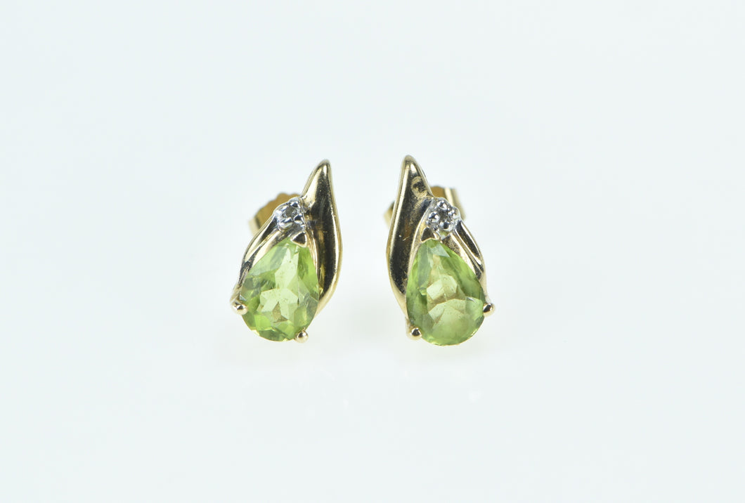 14K Pear Cut Peridot Diamond Vintage Stud Earrings Yellow Gold